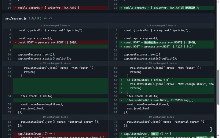 Clicking '39 unchanged lines' reveals the lines in place; clicking the marker again hides them