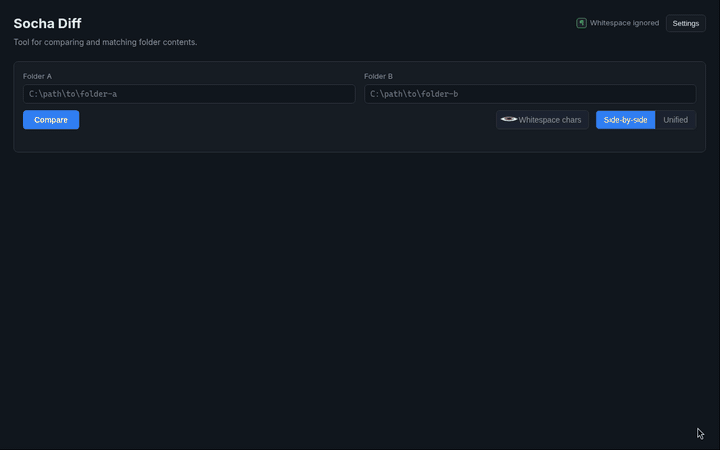 Socha Diff demo: enter two folders, Compare, hover the A/B file links, Ctrl+S to open Settings and exclude a folder, expand hidden lines, select and copy text, switch to unified view